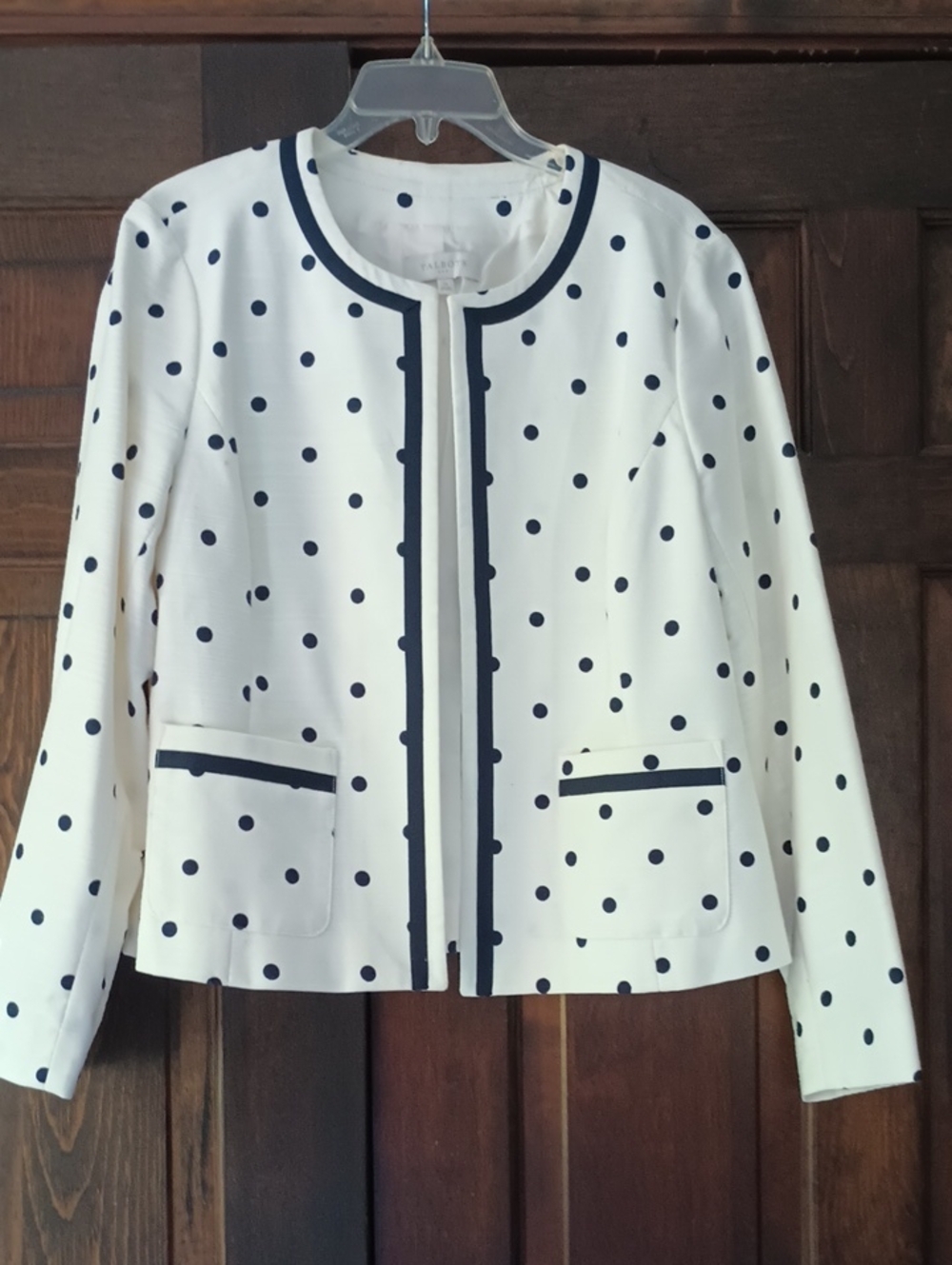Talbots White Polka Dot Collarless Blazer with Navy Trim